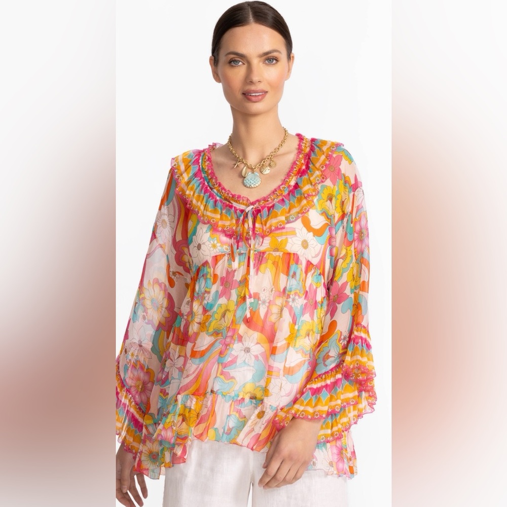 JOHNNY WAS BEAUTIFUL GAL RUFFLE TIE BLOUSE 
PERFECT FOR SUMMER DAY